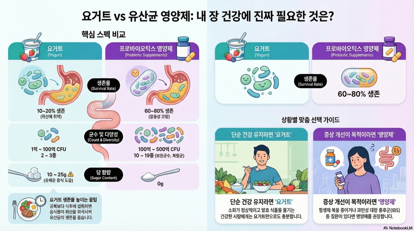 유산균 요거트 매일 먹으면 프로바이오틱스 영양제 안 먹어도 될까? 균수·생존율의 진실
