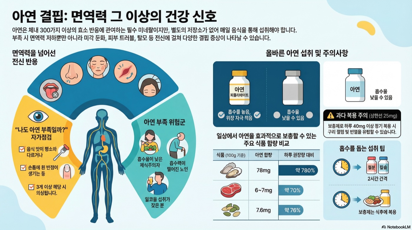 아연(Zinc) 부족하면 면역력만 떨어질까? 맛·냄새·피부까지 바뀌는 이유