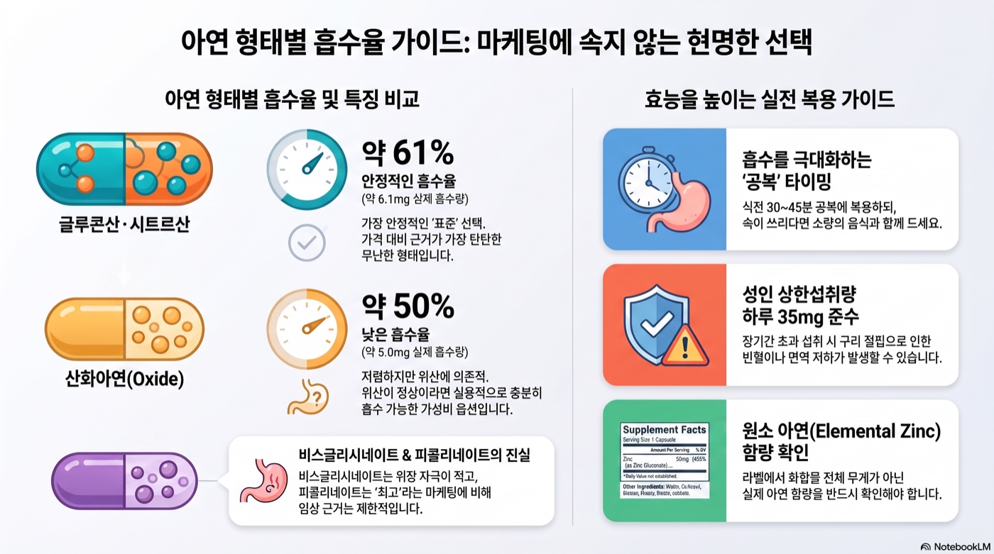 아연 형태별 흡수율 진짜 다를까? 피콜리네이트 vs 글리시네이트 vs 옥사이드 임상 비교
